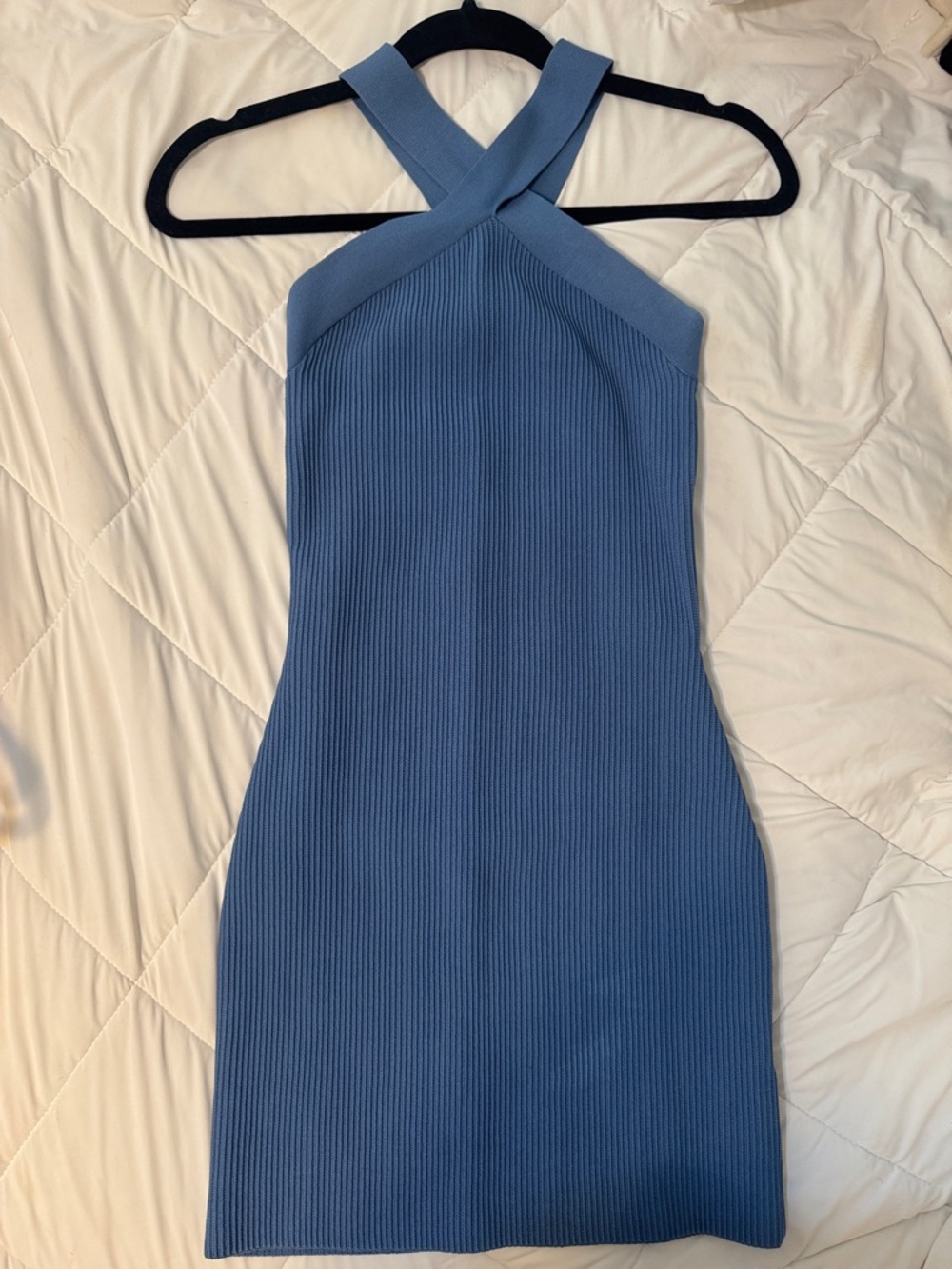 Babaton Dusty Blue Ribbed Cross-Neck Mini Dress